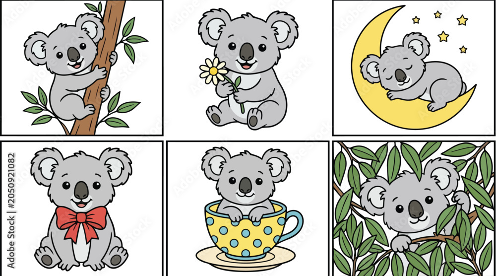 Obraz premium koalas in playful scenes in vector art with leaves moon cup and bow tie