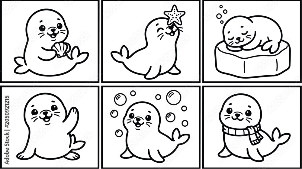 Obraz premium adorable seal illustrations in playful cartoon style with sea theme collection