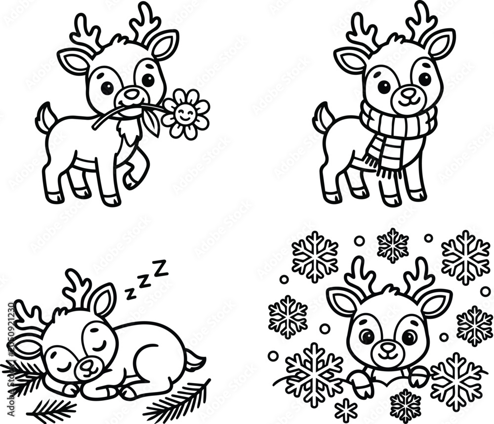 Fototapeta premium Reindeer line art set with winter scarves and snowflakes in black and white