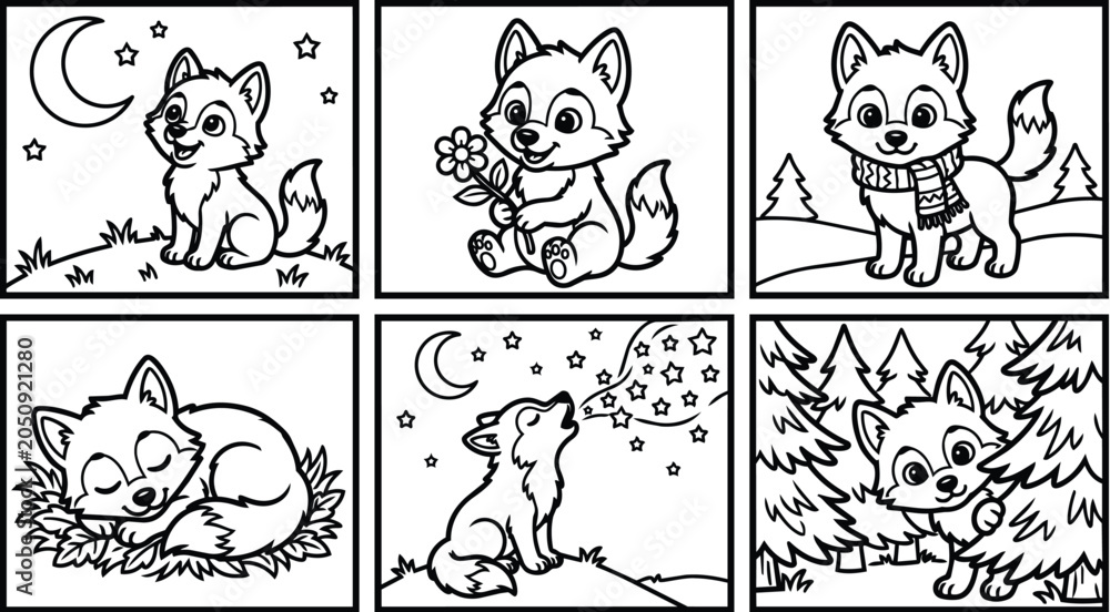 Fototapeta premium Cozy woodland foxes in night scenes set of illustrations line art