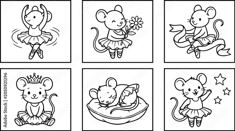 Obraz premium Ballet mouse illustrations set of framed line art drawings in ballet poses