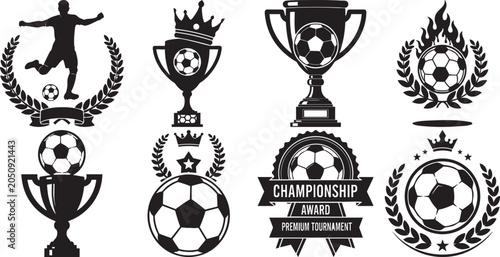 Black and white soccer icons with trophies and laurels