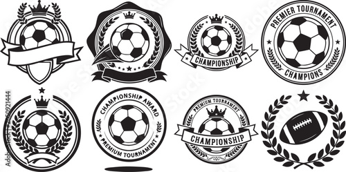 Collection of black and white soccer championship badges and labels