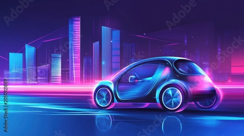 Futuristic Electric Car with Neon Lights in Urban Landscape