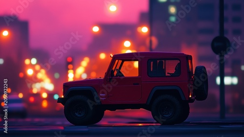 Vintage Red Jeep in Foggy Urban Night with Colorful Bokeh Lights