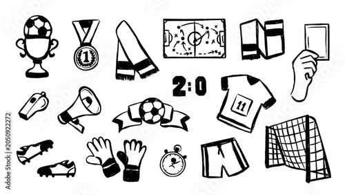 Large collection of hand drawn soccer icons including ball, whistle, jersey, trophy, boots, and referee cards. Football sports doodle set isolated on white background
