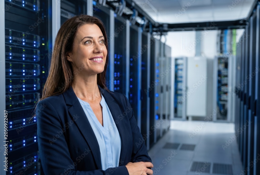 Fototapeta premium It specialist woman smiling, looking away in a server room corridor