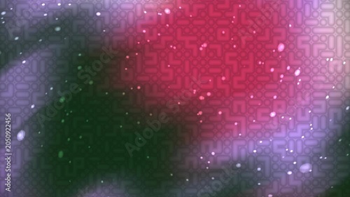 Futuristic digital background with pink and purple gradient waves, geometric grid pattern, and starry specks.