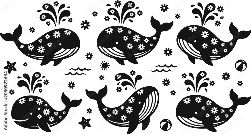 Obraz premium Playful whale illustration in black and white vector art with water sprays