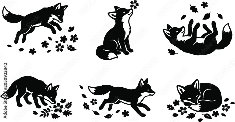 Obraz premium Playful fox silhouettes with flowers in a vector arrangement for decor or sticker