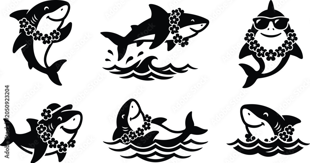 Obraz premium tropical shark silhouettes with flower leis in black vector style set