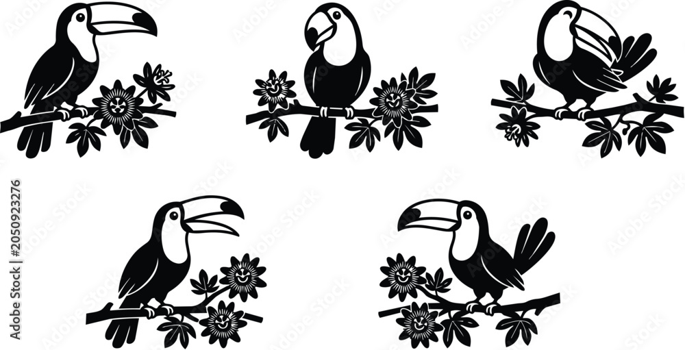 Fototapeta premium Toucans perched on flowering branches in black and white vector illustration silhouette