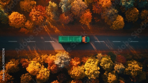 Aerial View of Truck on Road Surrounded by Colorful Autumn Forest