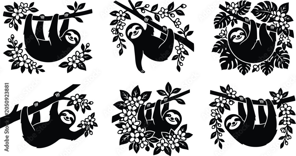 Obraz premium Sloth vector art featuring hanging sloth and floral branches in black and white line art