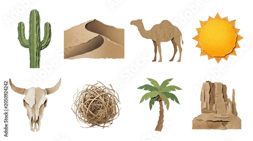 Set of paper cutout desert landscape and animal elements including cactus camel sun and dunes perfect for nature themed graphic compositions
