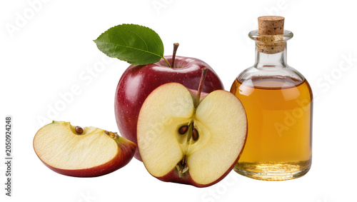 Bild auf Leinwand Red apple with slices and bottle of apple cider vinegar