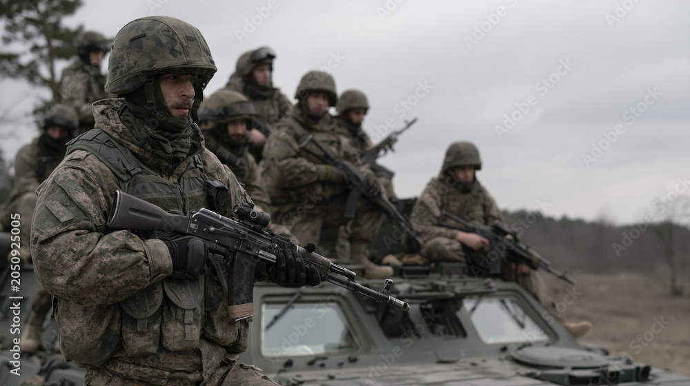 Fototapeta premium Soldiers on Armored Vehicle: A group of soldiers in military uniform and helmets stand on an armored personnel carrier, armed with rifles, during a daytime operation.