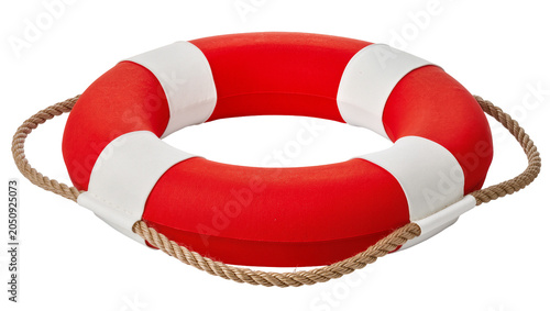 Foto Red and white life preserver ring with rope