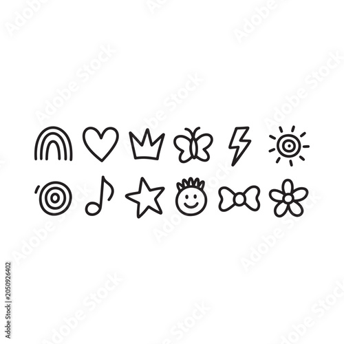 Line drawing set of various symbols on a white background