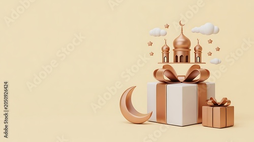 Islamic gift boxes with crescent moon and mosque elements on elegant background