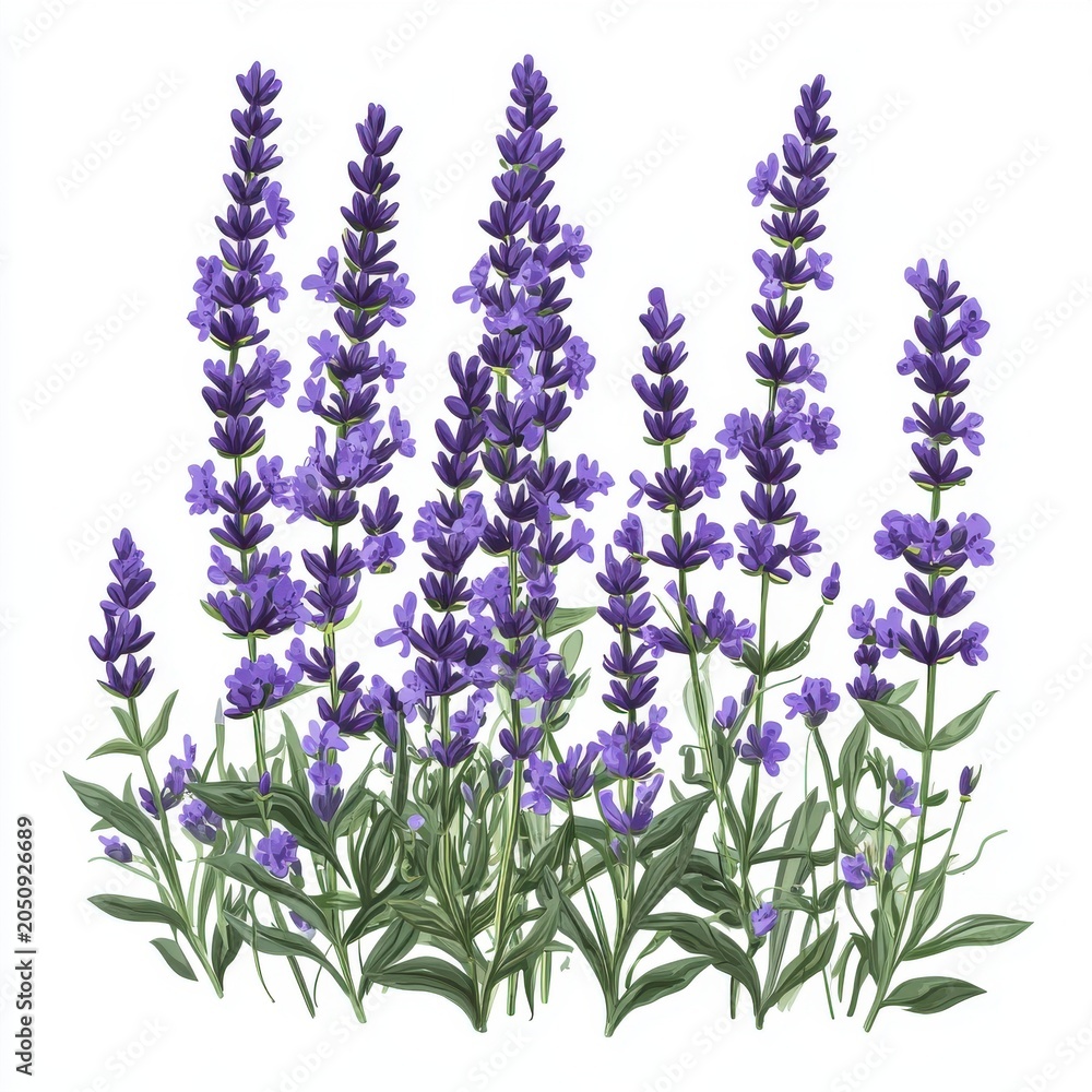Fototapeta premium A vibrant display of purple lavender flowers in full bloom against a white background, showcasing their beauty and elegance.