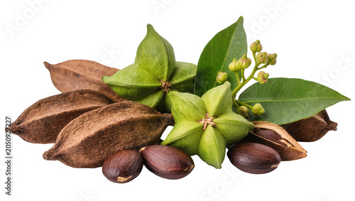 Foto Green star-shaped pods with brown nuts and leaves
