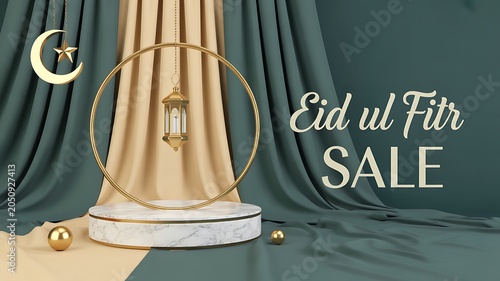 Eid ul fitr sale banner with Islamic lantern crescent moon and podium display
