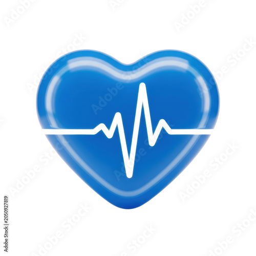 Cerulean blue glossy volumetric heart icon featuring a white ecg pulse line, isolated on a white surface with a soft reflection healthcare monitoring concept