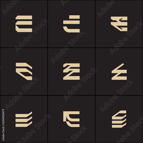 Abstract geometric letter E designs in a grid layout, showcasing a modern and minimalist logo concept in neutral tones