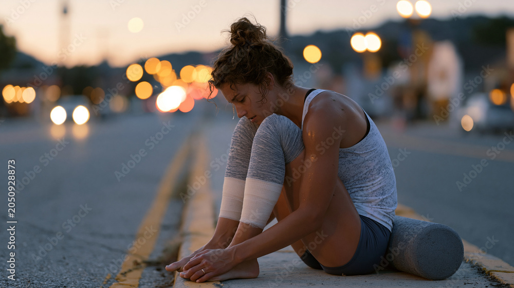 Naklejka premium Exhausted marathon runner sitting on curb at twilight blue hour after finishing race, head bowed over compression-wrapped knees, foam roller beside her, sweat-soaked jersey, city