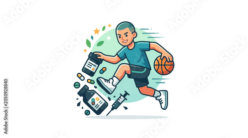 Obraz na plátně Child Athlete Doping Concept: Basketball Player with Pills, Syringe, and Supplem