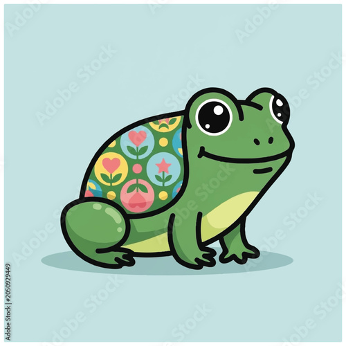 Foto Colorful Cartoon Frog Sitting Smiling.