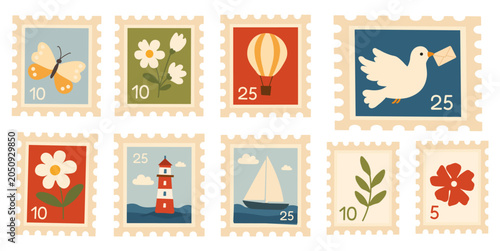 Valokuva Postage stamps collection, featuring a lighthouse, sailboat, flowers, carrier pi