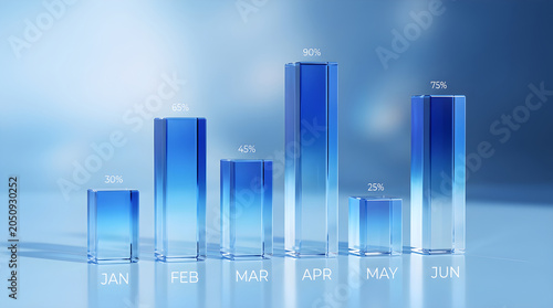 3d render of a blue glass bar chart showing monthly growth percentages from january to june on a soft blue background