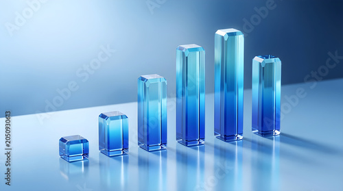 Abstract bar chart made of translucent blue glass blocks showing growth and progress