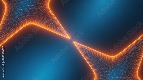 Abstract glowing orange mesh waves on blue technology background