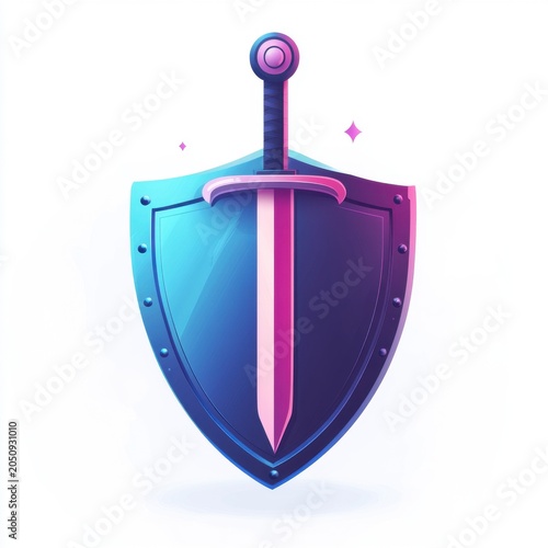 A sleek, vibrant shield featuring a sword, radiating a modern and digitalized aesthetic.