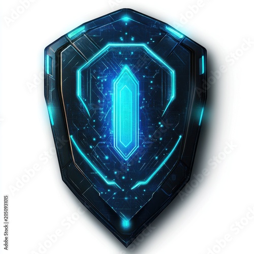 Futuristic digital shield with a glowing blue core, surrounded by intricate circuitry, symbolizing protection and technology.