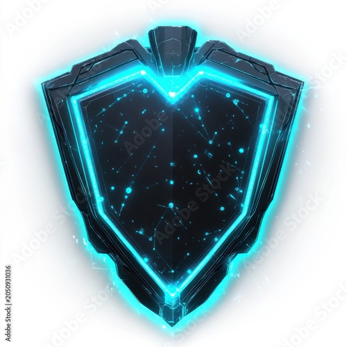 A futuristic shield design glowing with blue light, set against a dark background that enhances its mystical appeal.