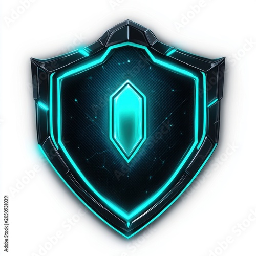 A futuristic digital shield icon featuring glowing turquoise accents on a sleek black background.