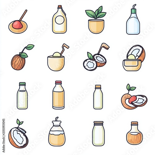An array of colorful icons featuring coconut-related products and ingredients, perfect for culinary themes.