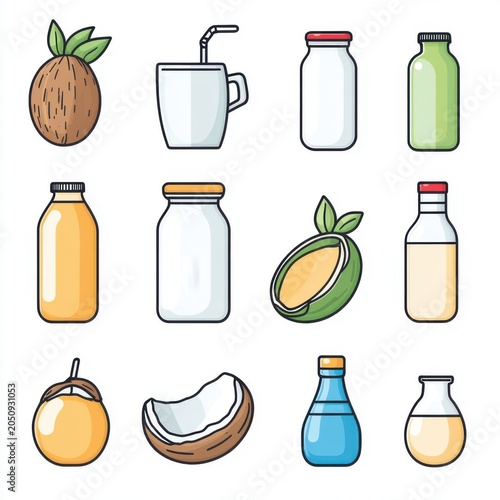 Colorful assortment of drinkable delights, featuring coconut, smoothies, and refreshing juices in various containers.