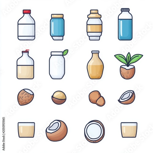 Colorful assortment of beverage containers and coconut products, featuring bottles and coconut variations.