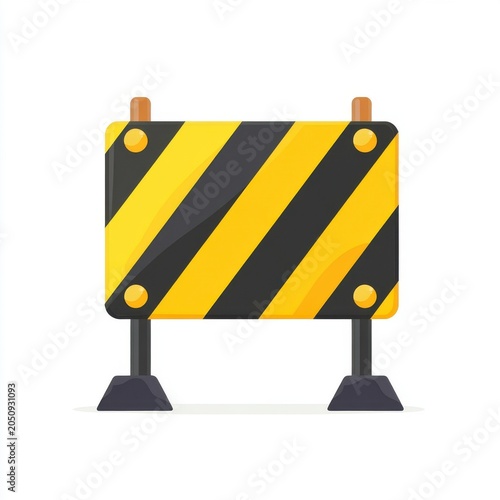 A bright warning sign with yellow and black stripes indicating construction area or caution.