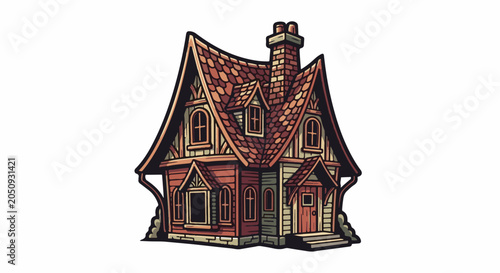 Stylized storybook cottage with a steep red tile roof and stone base