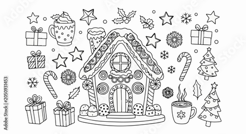A festive collection of Christmas-themed drawings, including a gingerbread house