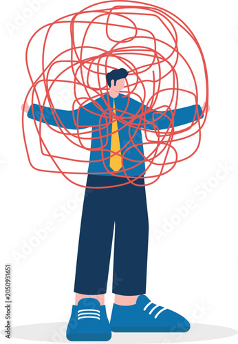 Businessman caught trapped inside a giant messy tangled scribble line cluster vector illustration concept