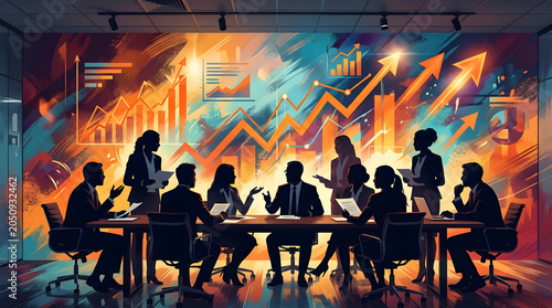 Business team in a boardroom meeting with abstract financial growth charts and upward trending arrows on the wall background