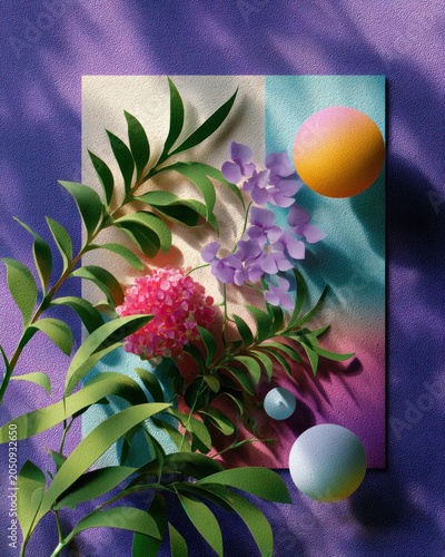 Vaporwave Style Botanical Decorative Print with Electric Neon Colors and Abstract Floral Design