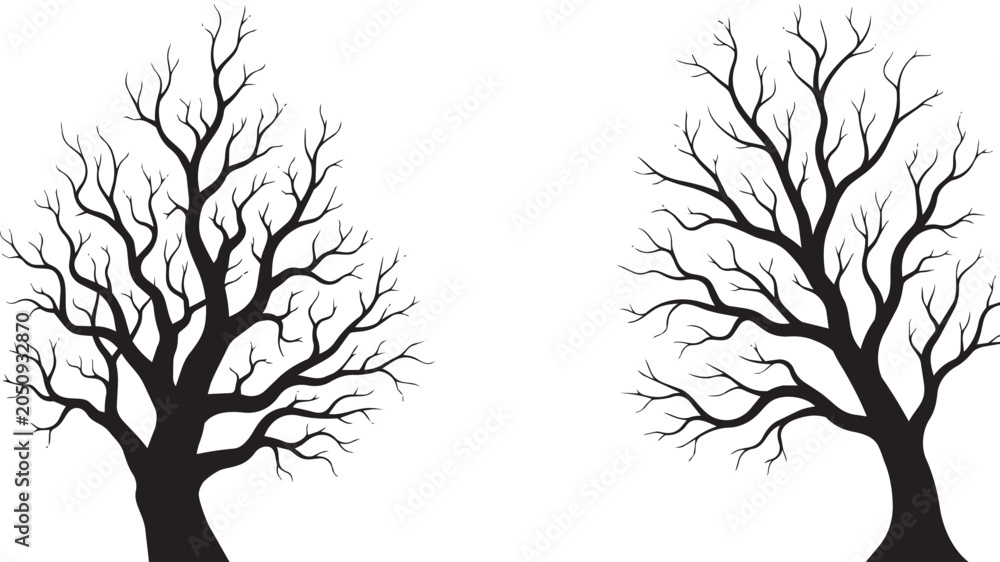 Fototapeta premium Bare winter tree silhouettes with leafless branches, black dead tree vector set, spooky forest landscape elements for halloween design